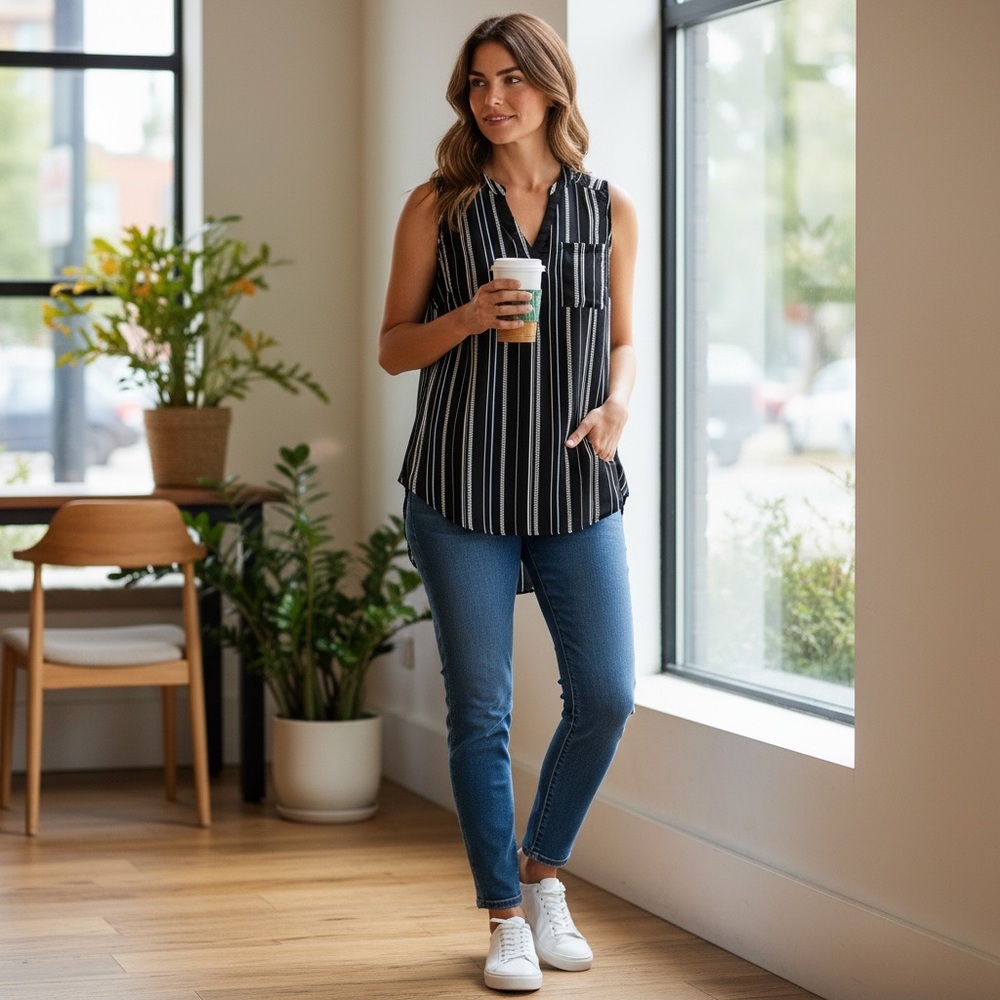 Torrid Black, Blue and White Striped Sleeveless Front Pocket V-Neck Blouse